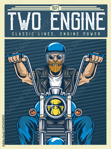 Vector Illustration of Man Riding Chopper Motorcycle in Front View with Vintage Illustration Available for Poster