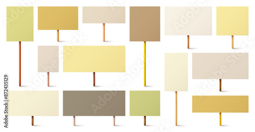 Blank colorful protest sign with wooden holder. Realistic vector demonstration banner. Strike action cardboard placard mockup