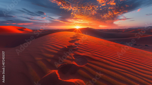 At the edge of an endless expanse of desert, a lone figure stands atop a windswept dune, silhouetted against the fiery hues of a setting sun, embodying the spirit of adventure and resilience in the ar