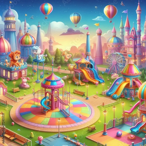 Imaginative Art and Illustration, Lively Playground and Amusement Park Theme. Realistic yet Fantastical Cartoon Style Scene for Wallpapers, Story Backgrounds, and Card Designs