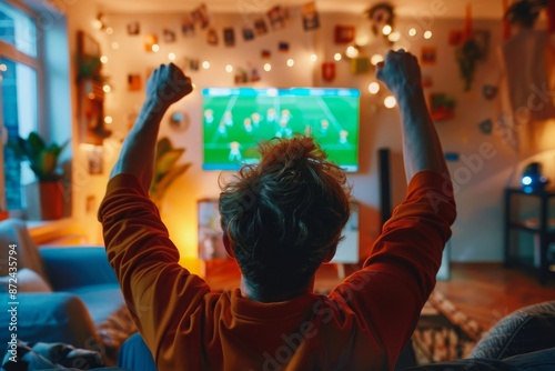 Fans Celebrating Team Victory on TV - Joyful Expression, Living Room, Sports Enthusiasm