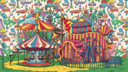 Imaginative Art and Illustration, Lively Playground and Amusement Park Theme. Realistic yet Fantastical Cartoon Style Scene for Wallpapers, Story Backgrounds, and Card Designs