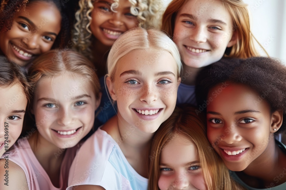 Motley Group of Young Girls Snuggling and Smiling - Friendship, Joyful Moments, and Youthful Energy Motley Group of Young Girls Snuggling and Smiling - Friendship, Joyful Moments, and Youthful Energy