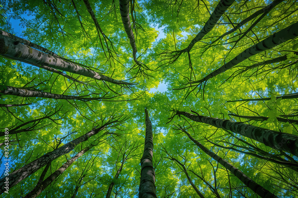Obraz premium Looking Up at a Vibrant Green Forest Canopy with Sunlight Streaming Through