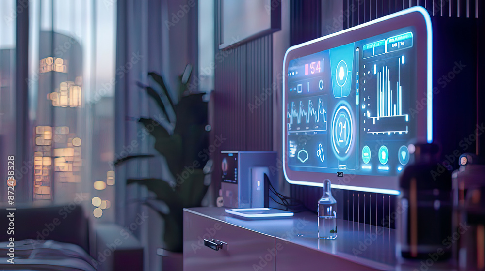 Fototapeta premium Ultra-detailed image of a smart home health monitoring system modern design soft blue backlighting 