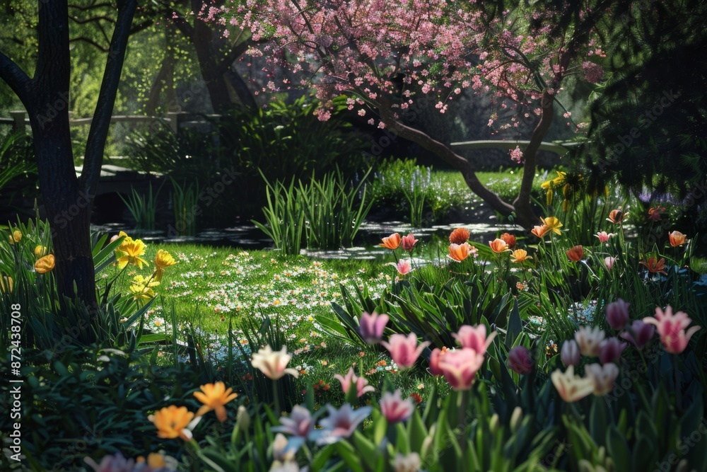 Fototapeta premium A lush green garden with a pink tree in the background