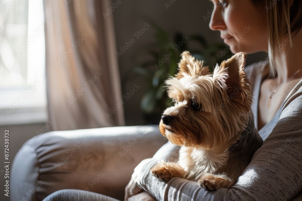A girl holding a Yorkshire Terrier on her lap. A girl holding a Yorkshire Terrier on her lap.