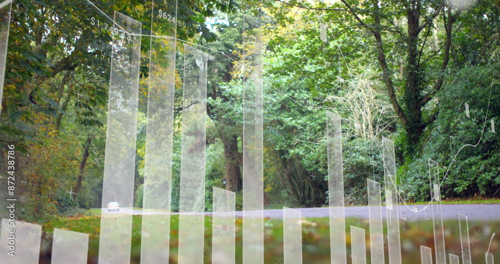 Fototapeta premium Image of multiple graphs with changing numbers over vehicle on street against trees