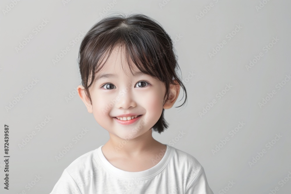 Cute Asian Girl with Bobtail Hairstyle - Innocence, Big Eyes, Subtle Smile, Grey Backdrop Cute Asian Girl with Bobtail Hairstyle - Innocence, Big Eyes, Subtle Smile, Grey Backdrop