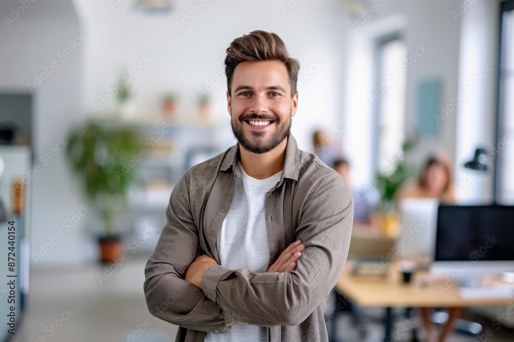 Naklejka premium Confident Handsome Man in Office - Hipster Style, Positive Energy, Professional Setting