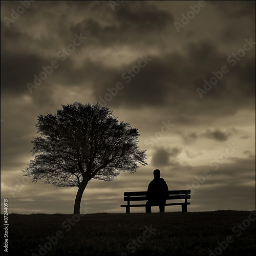 silhouette of a person sitting on a bench alone 