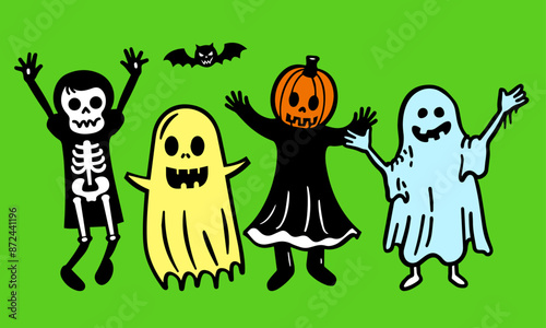 A cute simple doodle vector illustration of people in Halloween costumes striking a scary pose