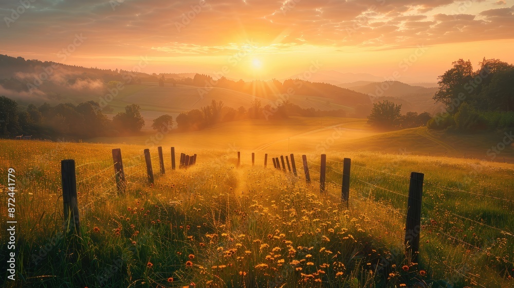 Fototapeta premium Sun-kissed meadows in idyllic setting