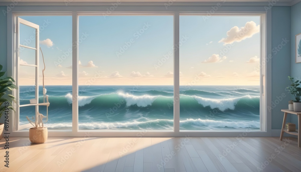 A serene, well-lit studio space with ocean waves crashing in the distance. A serene, well-lit studio space with ocean waves crashing in the distance.