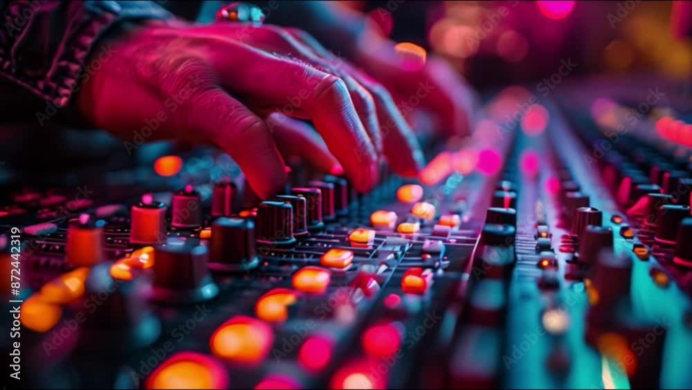 This Close-up of hands adjusting the knobs on a soundboard during a concert.