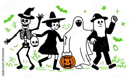A cute simple doodle vector illustration of people walking in line in Halloween costumes