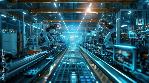 futuristic factory floor with holographic displays robotic arms and aicontrolled machinery ethereal blue glow illuminates sleek metal surfaces © Lucija