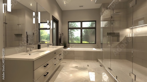 Modern Bathroom: Description: Sleek and minimalistic design with clean lines, simple fixtures, and a neutral color palette. photo