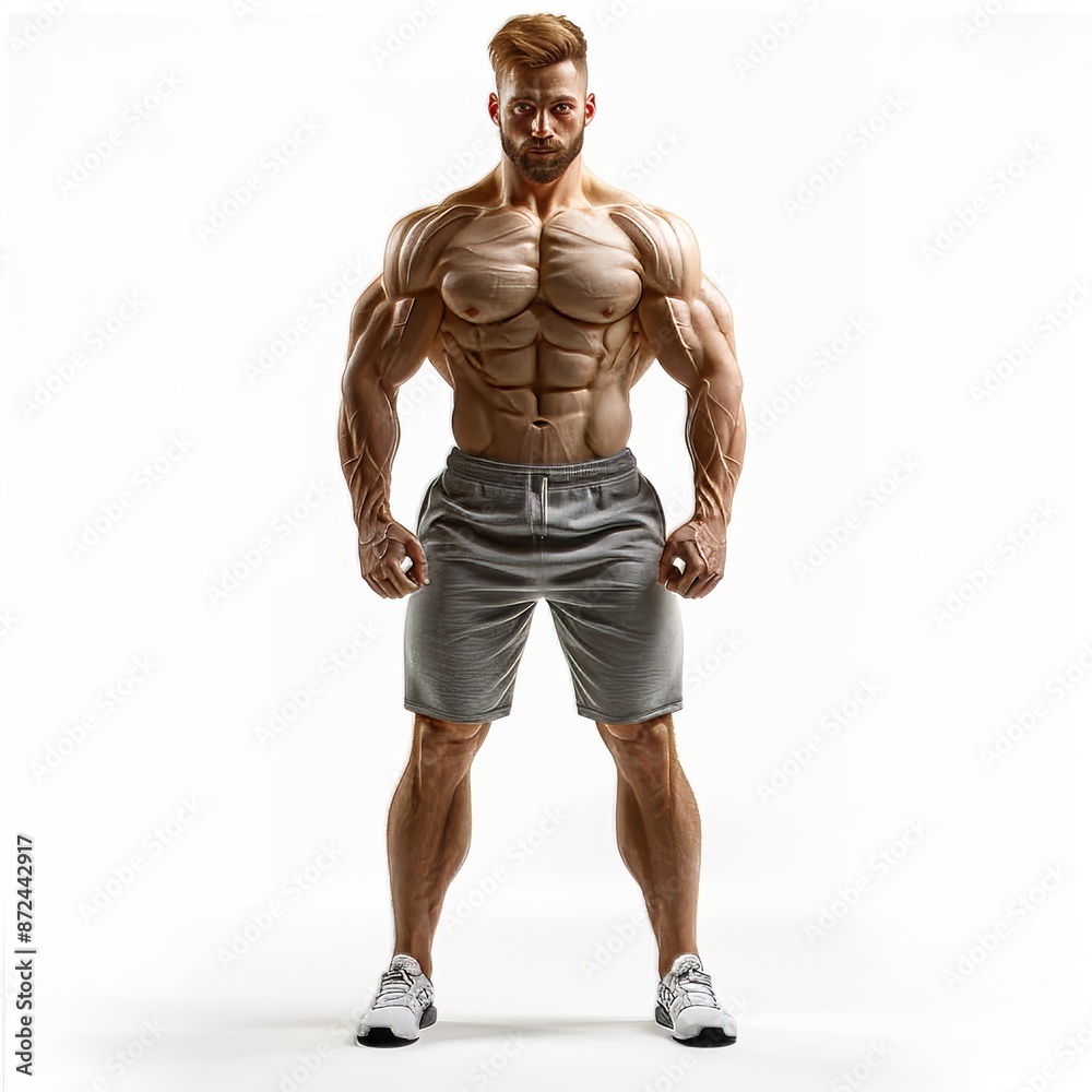 A confident young caucasian man with blond hair and blue eyes, shirtless, standing in grey shorts and black sneakers against a white background, showing off his muscular build A confident young caucasian man with blond hair and blue eyes, shirtless, standing in grey shorts and black sneakers against a white background, showing off his muscular build