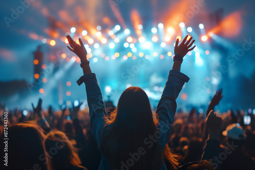 Euphoric Concert Moment: Woman with Raised Arms at Music Festival, Silhouetted Against Vibrant Stage Lights and Energetic Crowd
