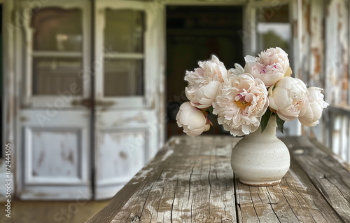 Shabby chic, romantic and soft white peonies in a white ceramic vase is the centerpiece on a weathered rustic wooden kitchen table inside an old farmhouse.
