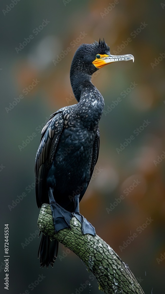 Naklejka premium Its dark feathers stand out against the soft blue of the water, as it watches intently for fish swimming below.