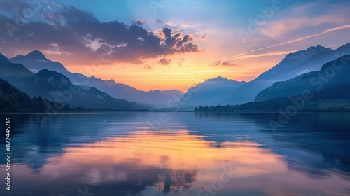 majestic mountain silhouettes at golden hour vibrant sky gradients serene alpine lake reflection aweinspiring landscape © Lucija
