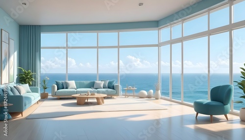 A modern studio with floor-to-ceiling windows, capturing the essence of the ocean.