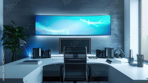minimalist home office setup with sleek ergonomic furniture holographic screens float above desk ambient lighting creates calming atmosphere