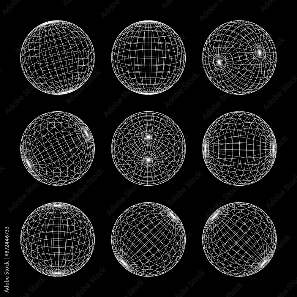 Wireframe shapes, lined sphere. Perspective mesh, 3d grid. Low poly geometric elements. Retro futuristic design elements, y2k, vaporwave and synthwave style. Vector illustration Wireframe shapes, lined sphere. Perspective mesh, 3d grid. Low poly geometric elements. Retro futuristic design elements, y2k, vaporwave and synthwave style. Vector illustration
