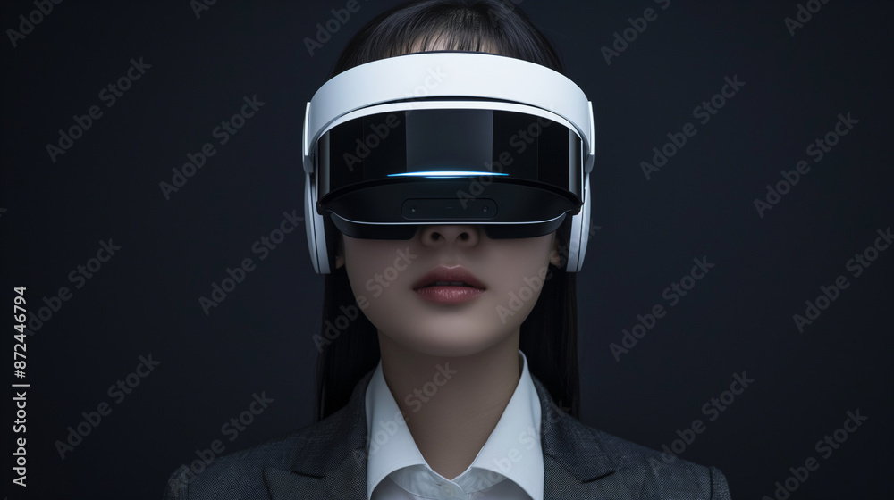 Woman in Business Attire Experiencing Immersive Virtual Reality Headset,A young woman in a business suit wears a sleek white VR headset, her expression neutral. The dark background emphasizes the tech Woman in Business Attire Experiencing Immersive Virtual Reality Headset,A young woman in a business suit wears a sleek white VR headset, her expression neutral. The dark background emphasizes the tech