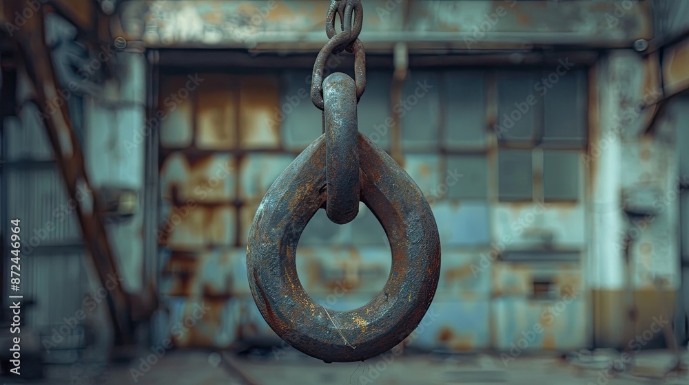 A rusty chain hanging from a building. The chain is bent and twisted. The building is old and has a lot of rust A rusty chain hanging from a building. The chain is bent and twisted. The building is old and has a lot of rust