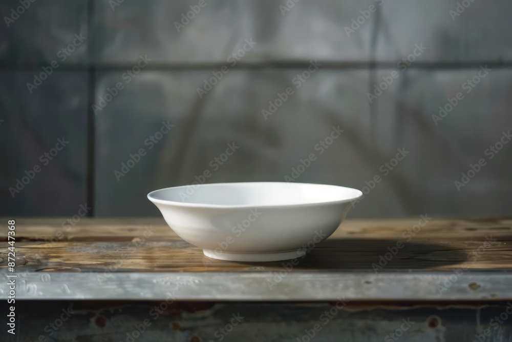 minimalist white ceramic bowl on rustic wooden table with soft lighting and grey tiled background minimalist white ceramic bowl on rustic wooden table with soft lighting and grey tiled background