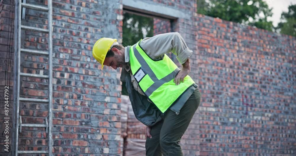 Accident, back pain and architect man with joint, injury and spine inflammation from arthritis. Construction worker, hurt and tension from manual labour for male person and medical emergency on site