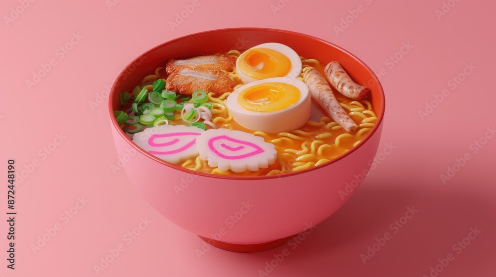 Delicious bowl of ramen with eggs, fish cake, and vegetables in a pink bowl on a pastel pink background. Perfect for food photography and menus. Delicious bowl of ramen with eggs, fish cake, and vegetables in a pink bowl on a pastel pink background. Perfect for food photography and menus.