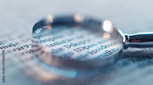Closeup of magnifying glass focusing on text in document, representing research, inspection, focus, and detail.