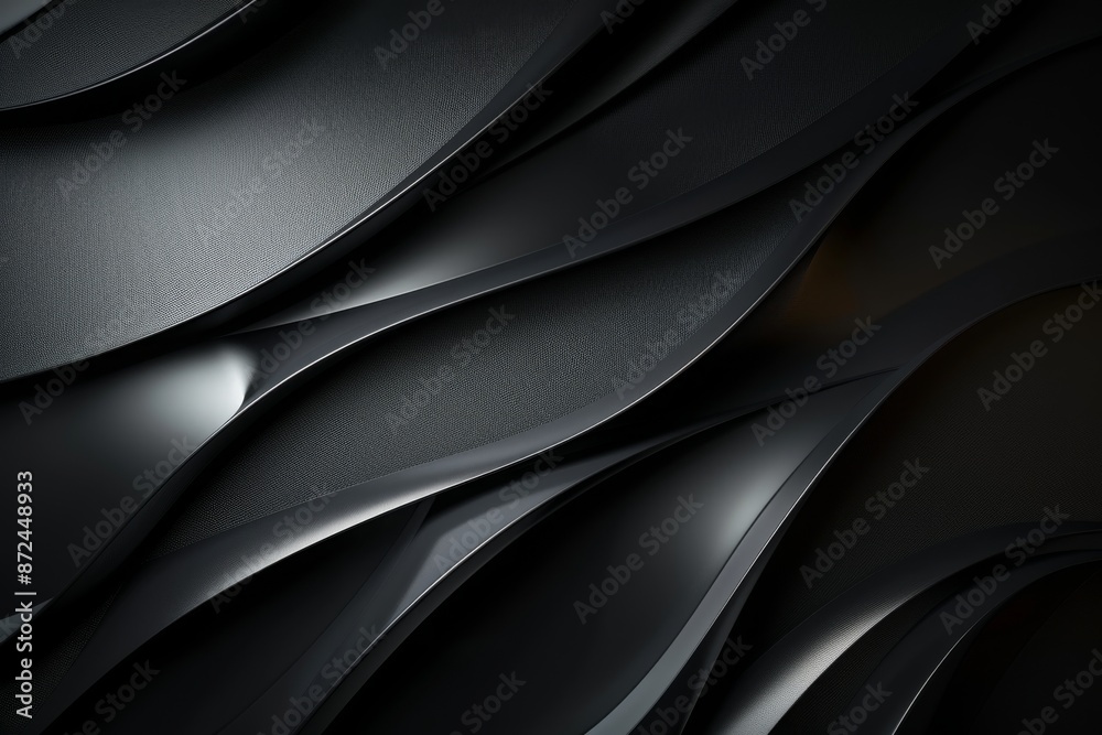 Fototapeta premium Black abstract metallic waves, 3D folded surfaces for modern dark background and design