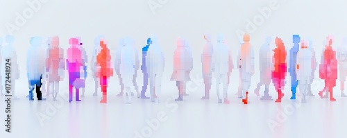 An abstract illustration of pixelated figures in various colors, depicting people in motion against a light background.
