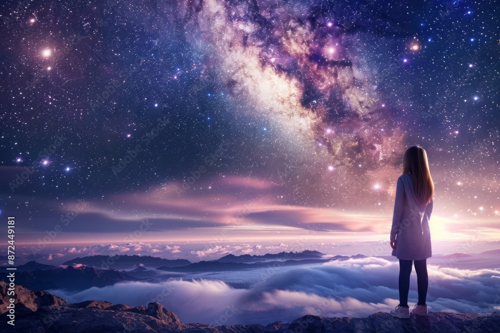 Curious Girl Gazing at Starry Sky - Inspirational Wonder, Learning, Educational Concept Curious Girl Gazing at Starry Sky - Inspirational Wonder, Learning, Educational Concept