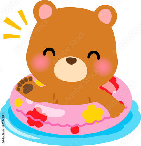 水面に浮く浮き輪に入ったクマのキャラクター