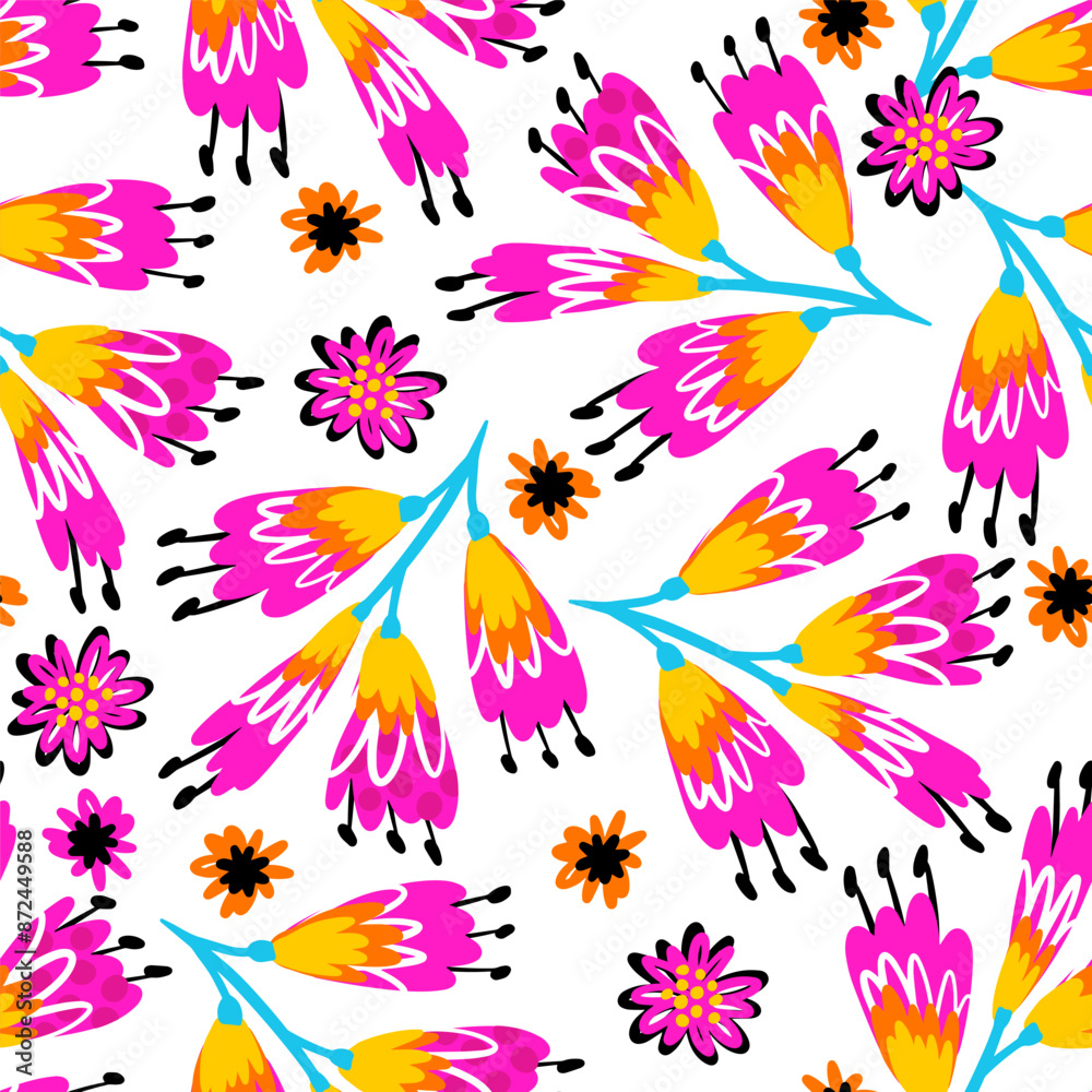 Obraz premium Seamless pattern with abstract flowers print on white background.; Creative texture for fabric; wrapping; textile; wallpaper. Bright Vector illustration in modern style