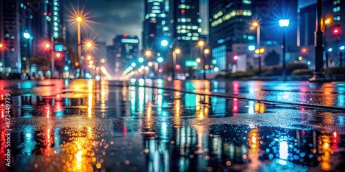 Rainy night cityscape with glowing city lights reflecting on wet pavement , urban, city, night, rain, reflections