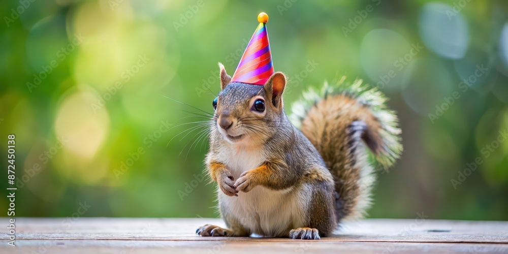 Squirrel dressed up for a birthday party with a colorful cap on its ...