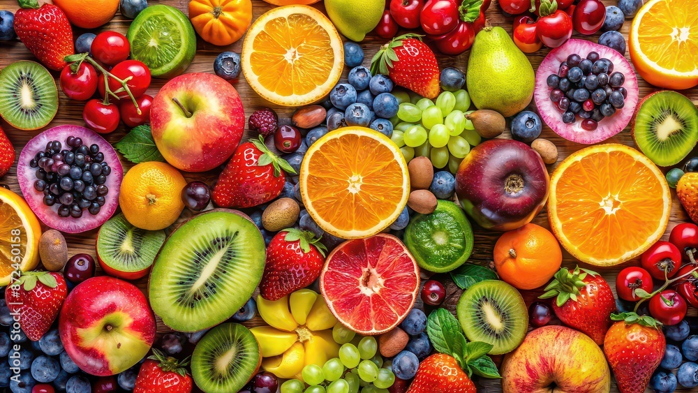 Vibrant and colorful background of various fruits , healthy, fresh, organic, natural, summer, food, tropical, vibrant, colorful