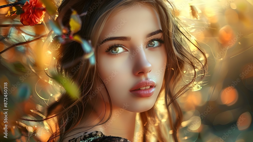 Beautiful woman with brown hair exudes elegance. Beautiful woman with brown hair exudes elegance.
