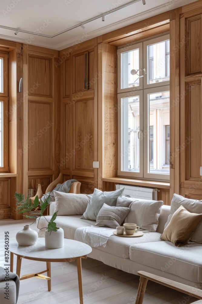 Interior of modern living room with wooden walls, tiled floor, white sofa with pillows and coffee table. Interior of modern living room with wooden walls, tiled floor, white sofa with pillows and coffee table.