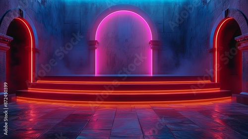 Stylish stage podium with editable banners and changeable ambient lighting. , Minimalism, photo