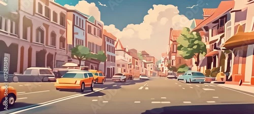 Wallpaper Mural Digital Art Travel Illustration: Vibrant cityscape with cars on sun-kissed streets Torontodigital.ca