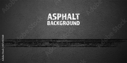 Black grunge tire tracks, wheel braking marks. Truck, car or motorcycle tread pattern silhouettes. Auto race, motorsport, speed racing design element. Asphalt texture. Vector illustration