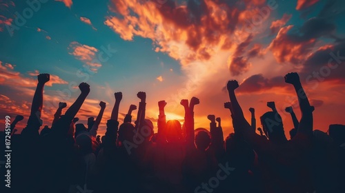silhouetted crowd with raised fists against vibrant sunset sky diverse figures united in protest powerful imagery of solidarity and social change movement